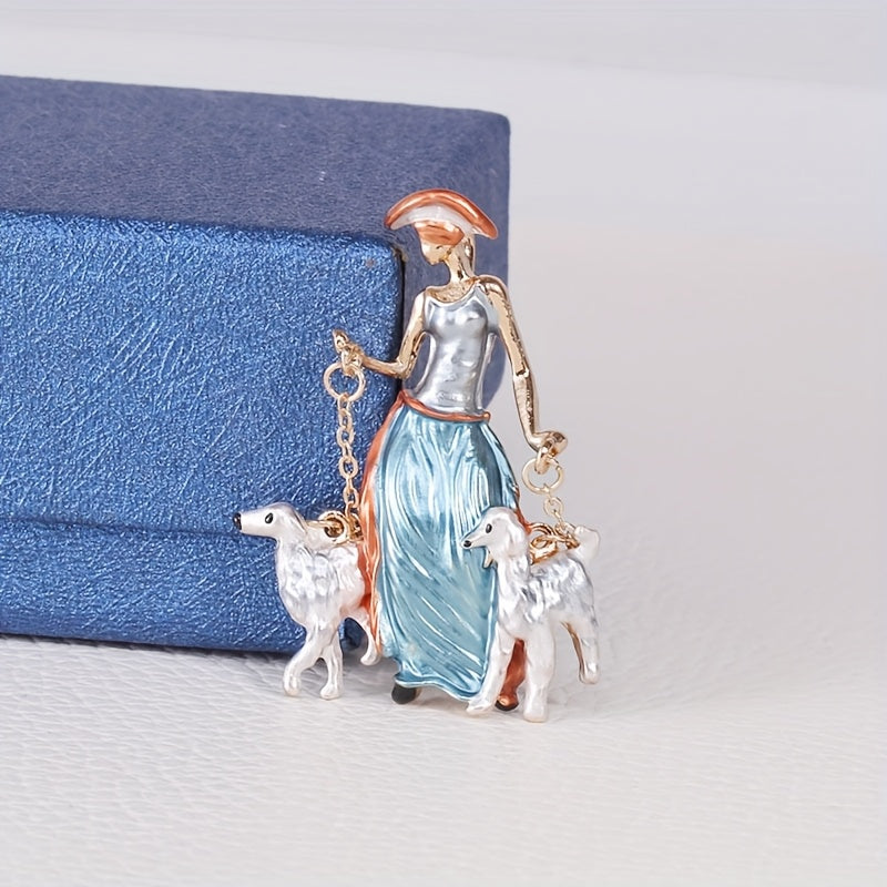 Enamel Brooch Girl Walking Dog Cartoon Animal Cute Jewelry Accessories