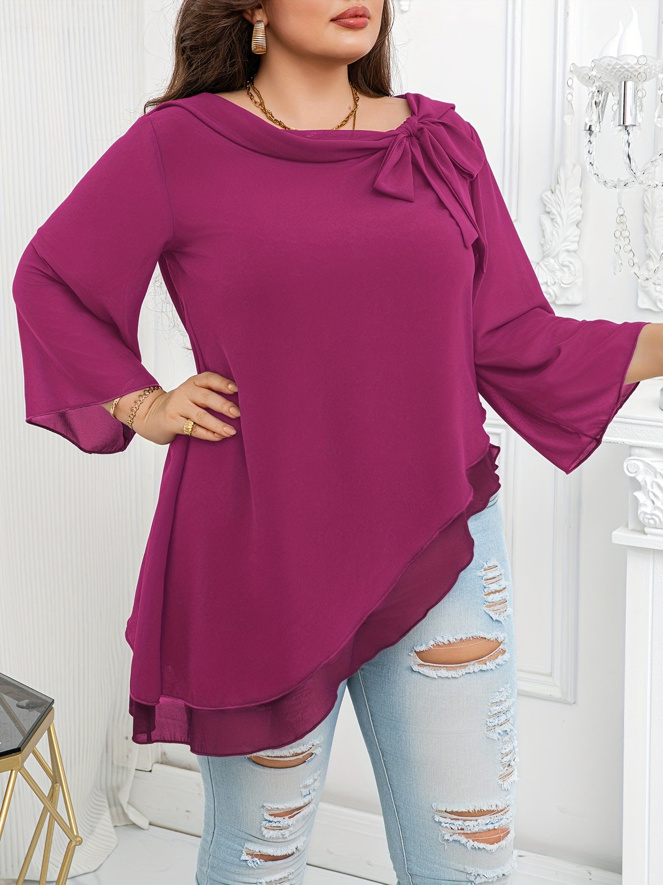 Women's Plus Size Blouse With Asymmetrical Hem Bow Ruffle Polyester Vacation Top