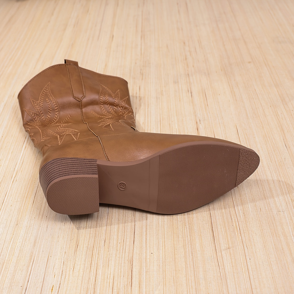 Women Western Cowboy Boots Pointed Toe Thick Heel Embroidered Mid-Calf Solid Color