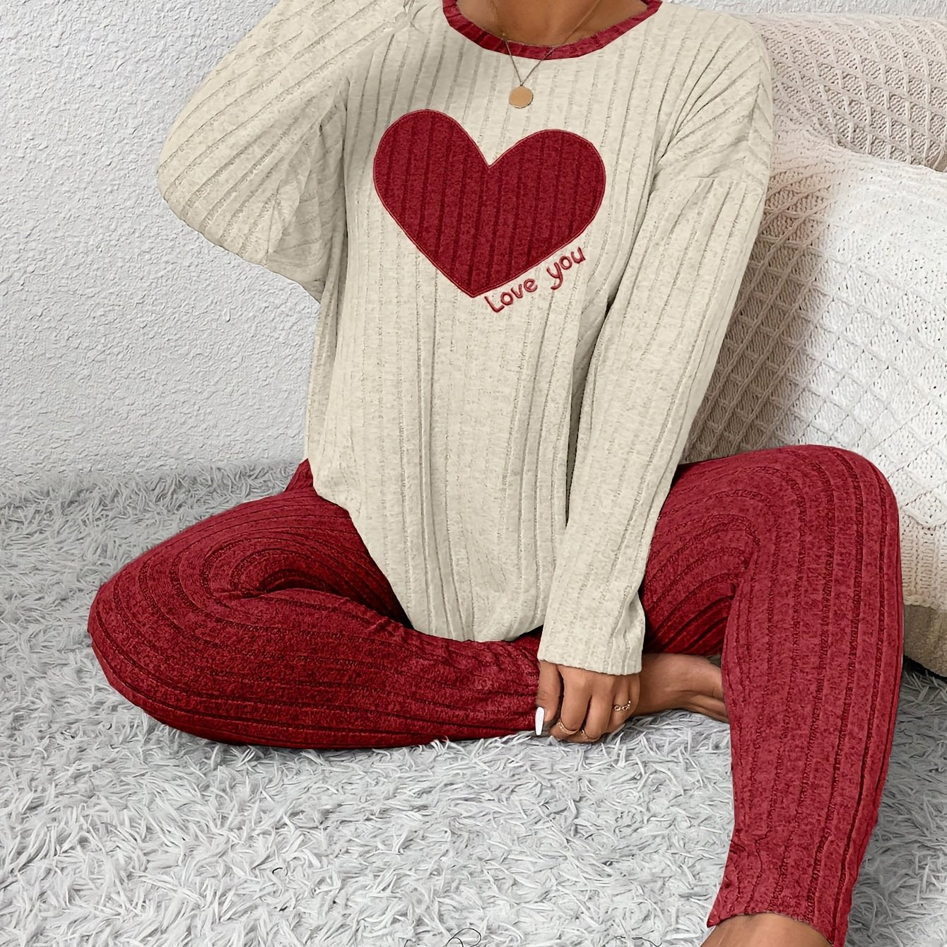 Plus Size Heart Fitted Long Sleeve and Long Pants Loungewear Set