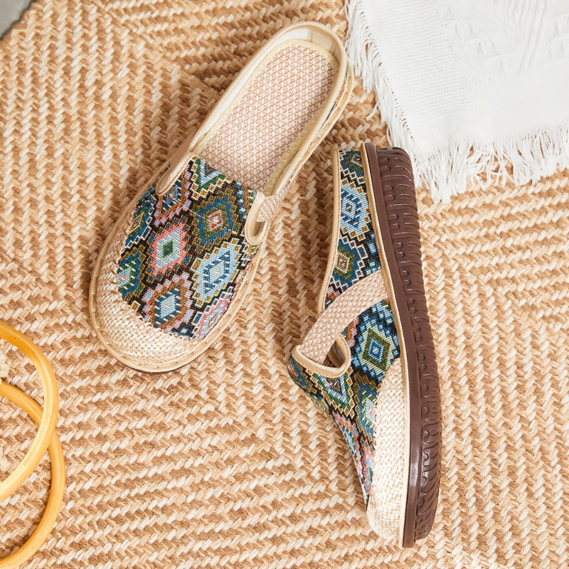 Women's Ethnic Style Slip-On Sandals with Fabric Upper and Low Heel