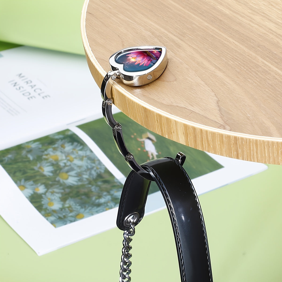 Foldable Heart-Shaped Metal Handbag Hanger with Lotus Design for Women