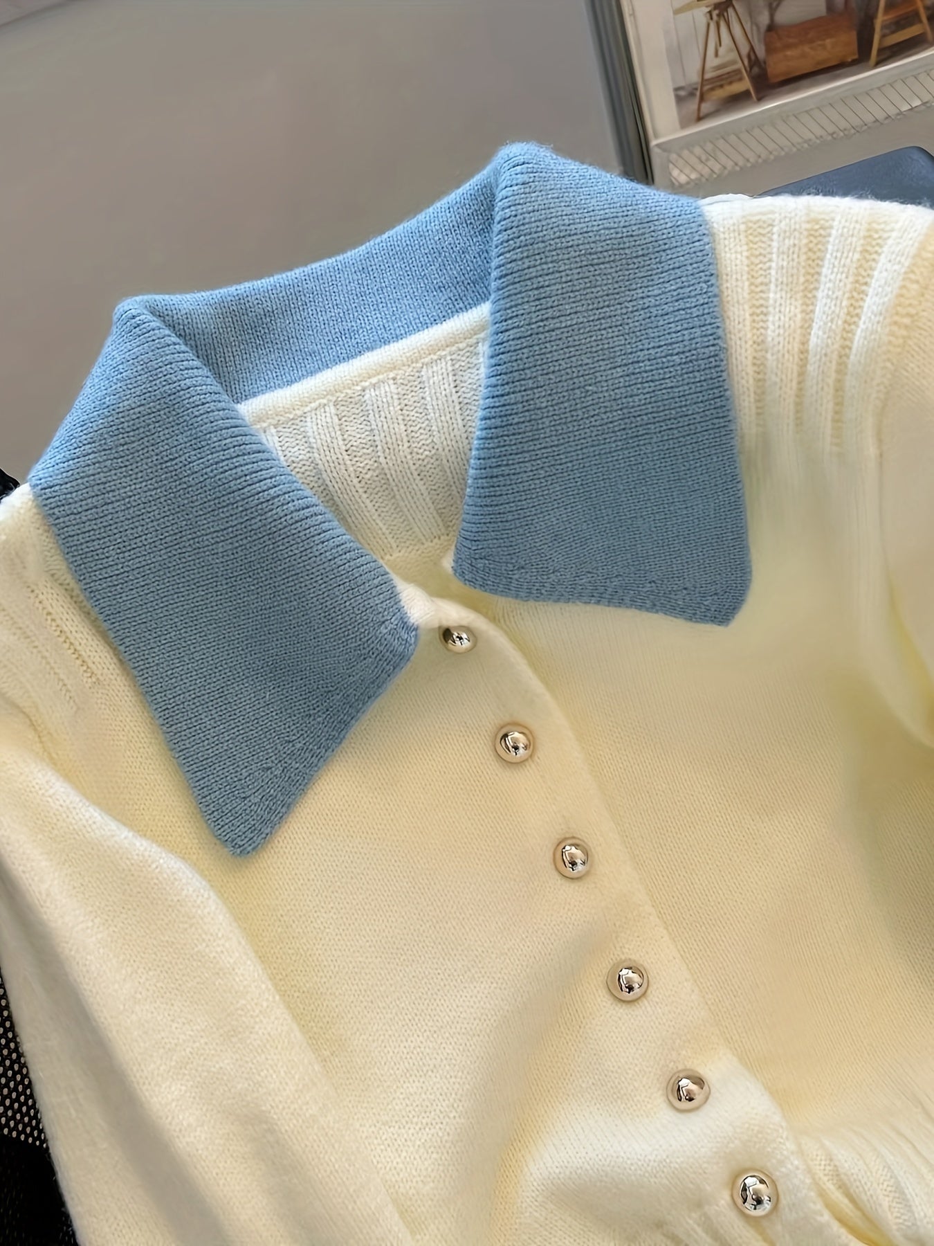 Cárdigan de punto con bloques de color para mujer, poliéster, alto estiramiento, otoño e invierno, elegante