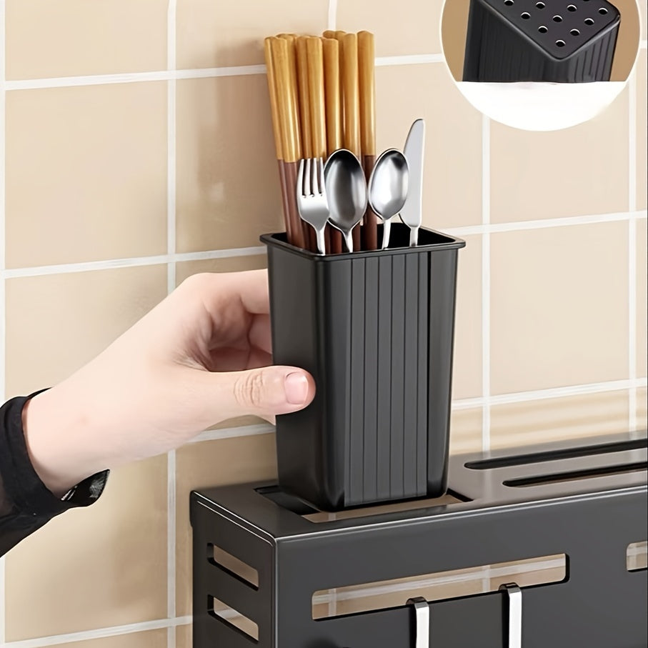 Wall-Mounted Carbon Steel Knife Rack with Hooks Towel Rod and Utensil Caddy