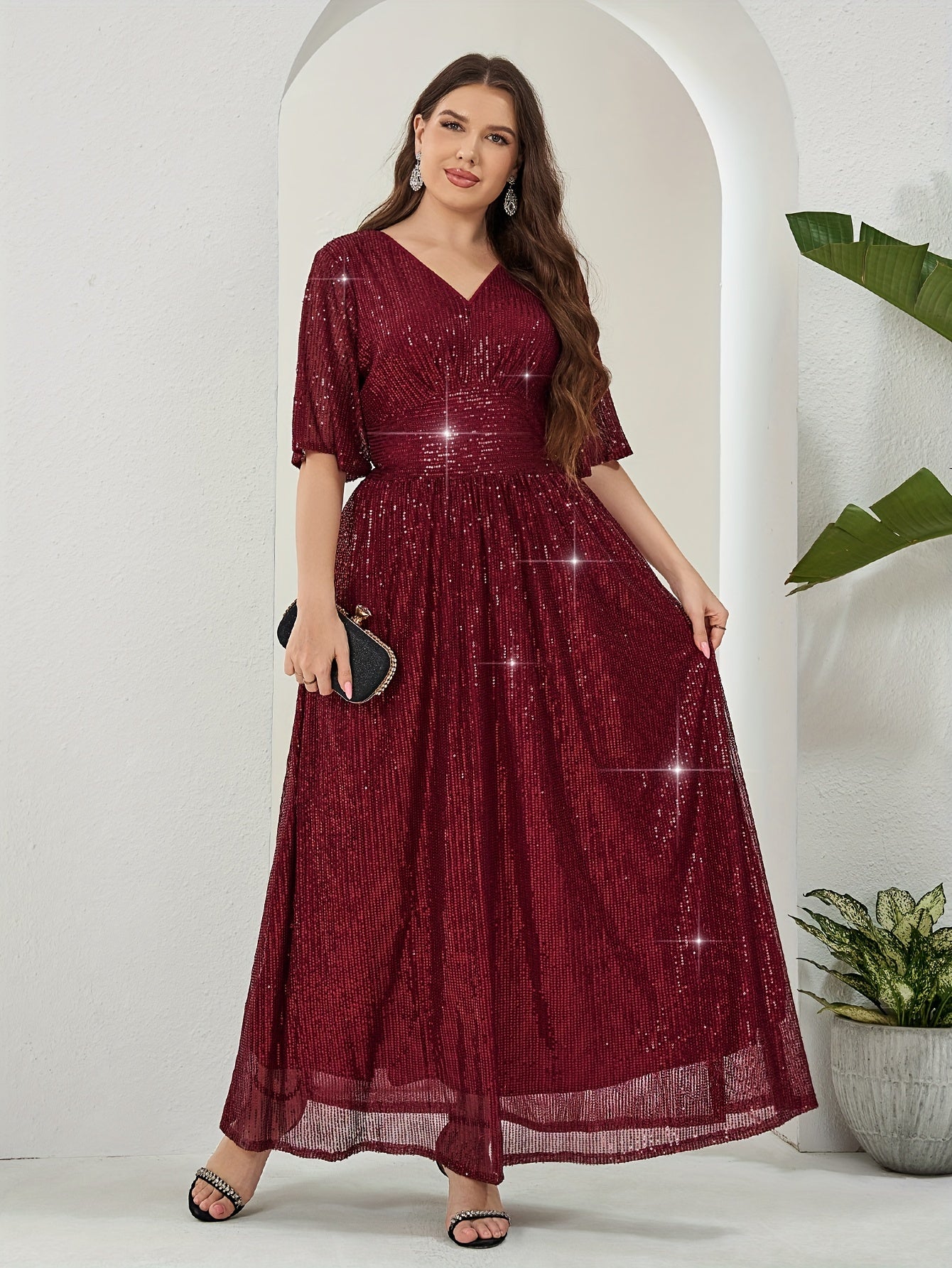 Plus Size Sequin V-Neck Maxi Dress with Half Sleeves and Zipper for All Seasons