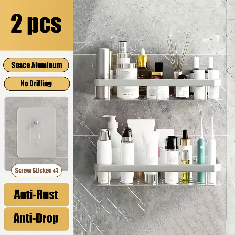 Wall-Mounted Bathroom Shelf Rack with Adhesive Shower Basket for Toiletries and Kitchen Storage