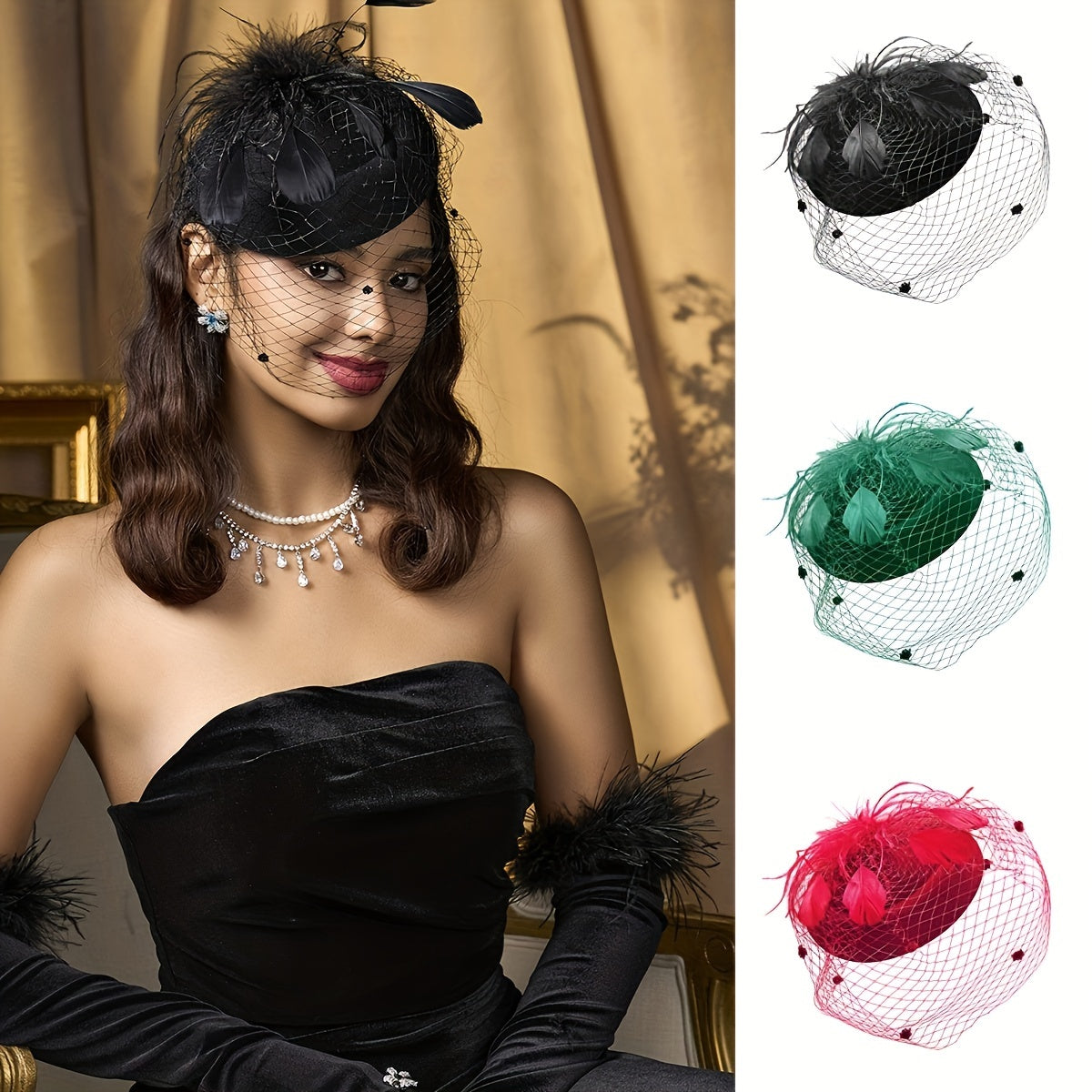 Faux Feather Fascinator Hat with Veil and Hair Clip for Weddings and Tea Parties