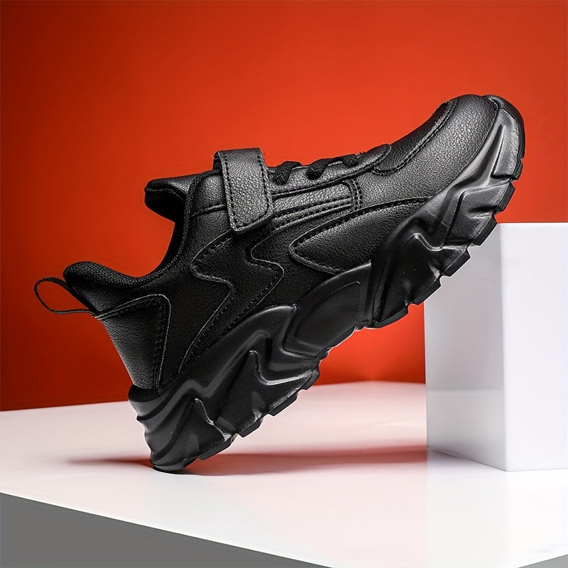 Black Boys' Water-Resistant Sneakers with Hook-and-Loop Strap and EVA Sole