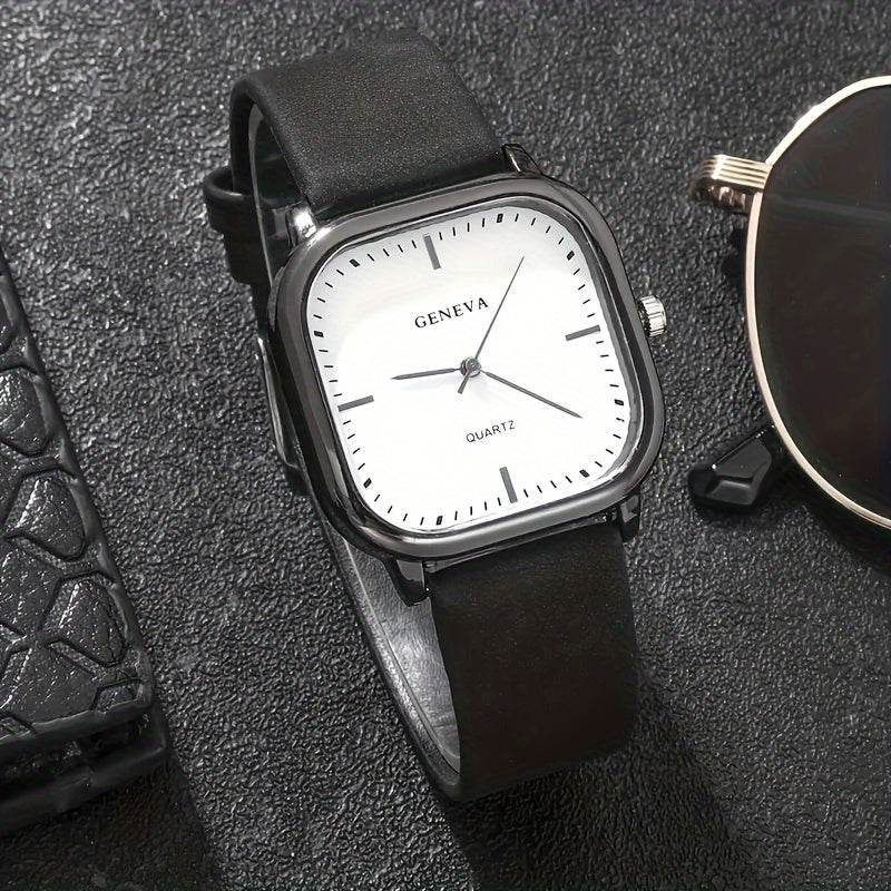 Erkaklar va ayollar uchun zamonaviy kvadrat kvarts qo'l soati, qotishma korpus, PU charm tasma, shik casual uslubi, tugma batareya - 1 dona.