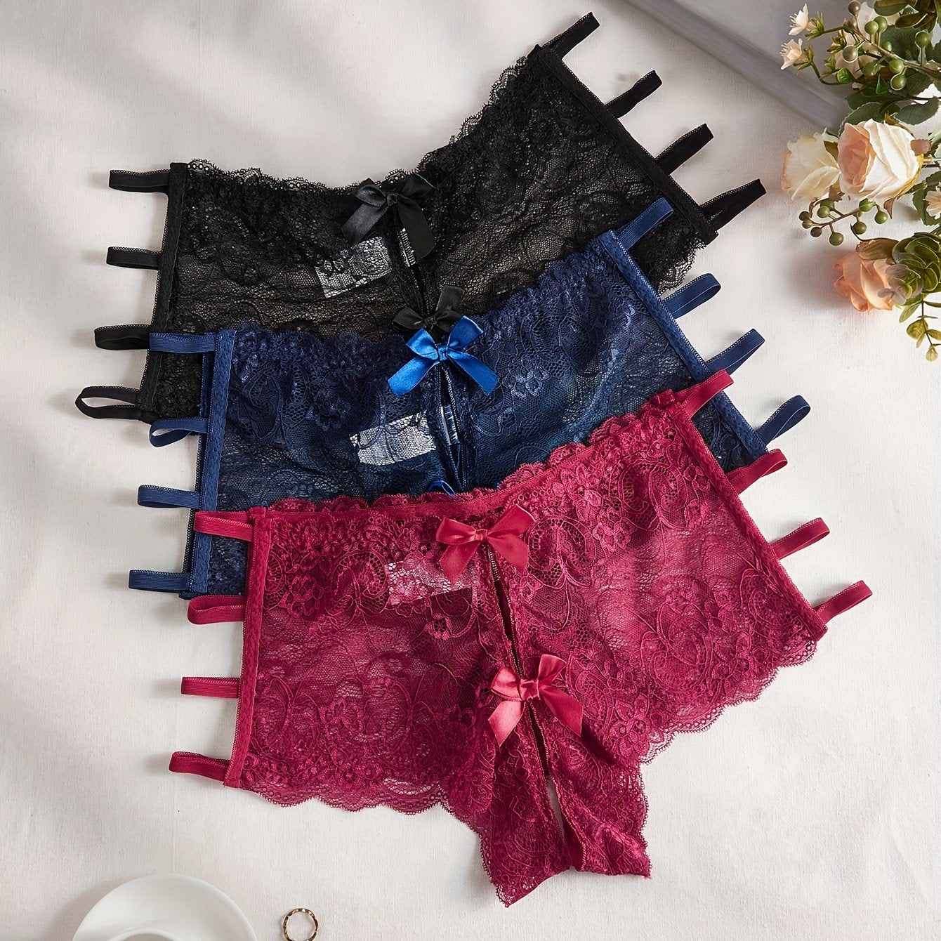 Женские кружевные трусы 3 шт. в упаковке, большие размеры, с открытым промежностью, цветочные узоры, черный, морской волны, красный