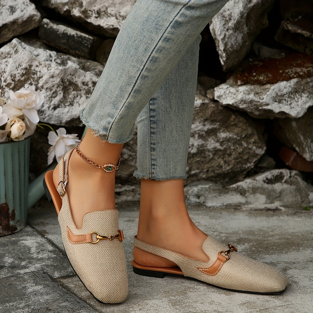 Women's Beige Mary Jane Flats with Buckle Closure Comfortable Square Toe