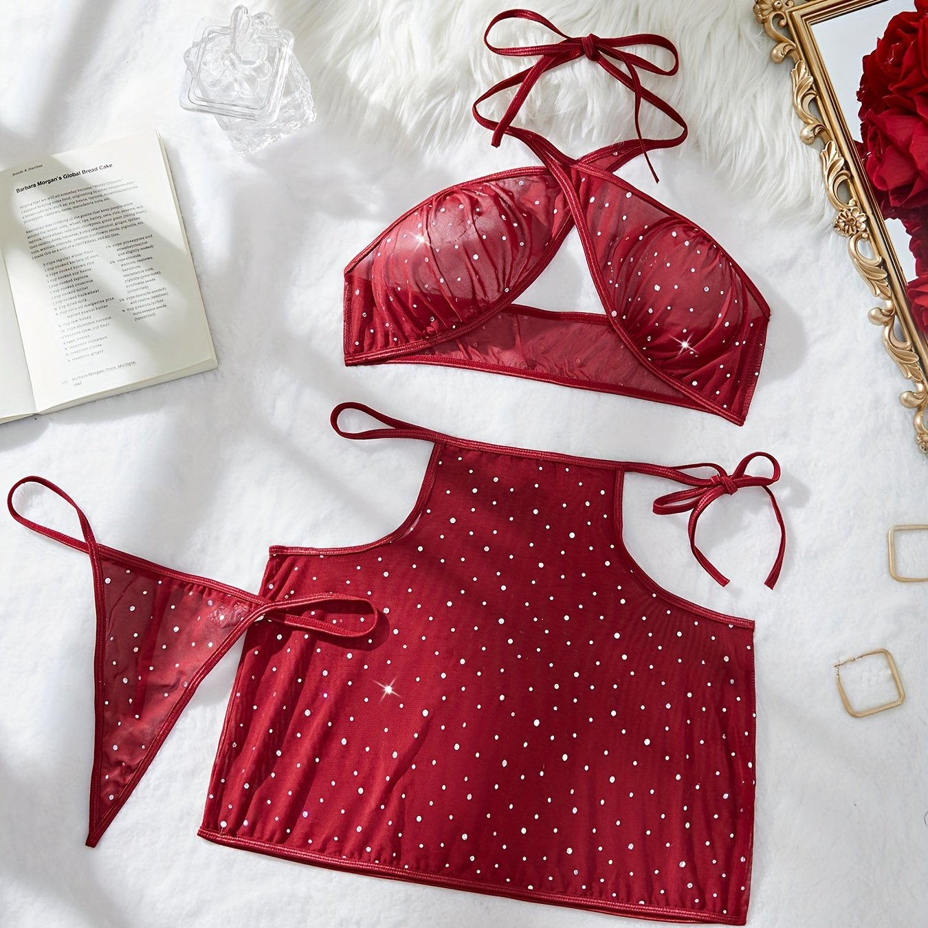 Red Lace Lingerie Set with Sparkling Details for Women