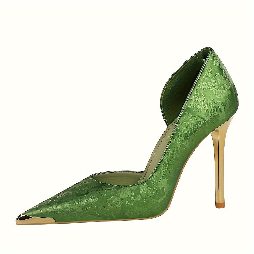 Women Satin High Heels with Slender Heel and Metallic Toe