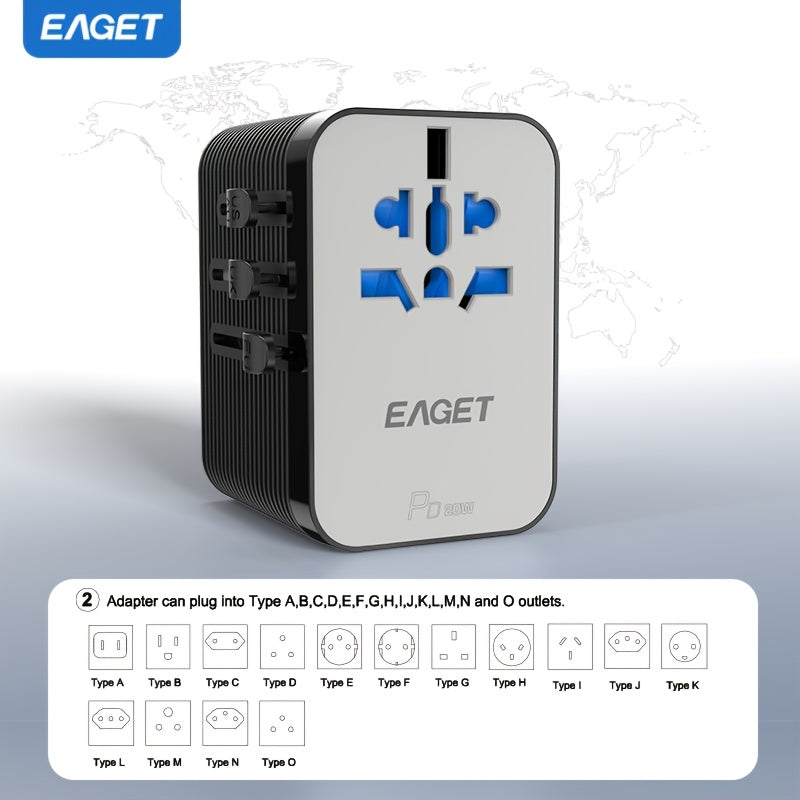 EAGET PD 20W Universal Sayohat Zaryadlovchisi 2 USB-A va 2 USB-C Port bilan, iPhone, Samsung, Vivo, Xiaomi uchun Tez Zaryad, Bir nechta Mamlakatlar uchun Barcha-in-Bir Socket Adapter, Siqilgan va Mustahkam.