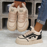 Women's Winter Snow Boots Beige Black Platform Traction Lace-Up Ankle Waterproof