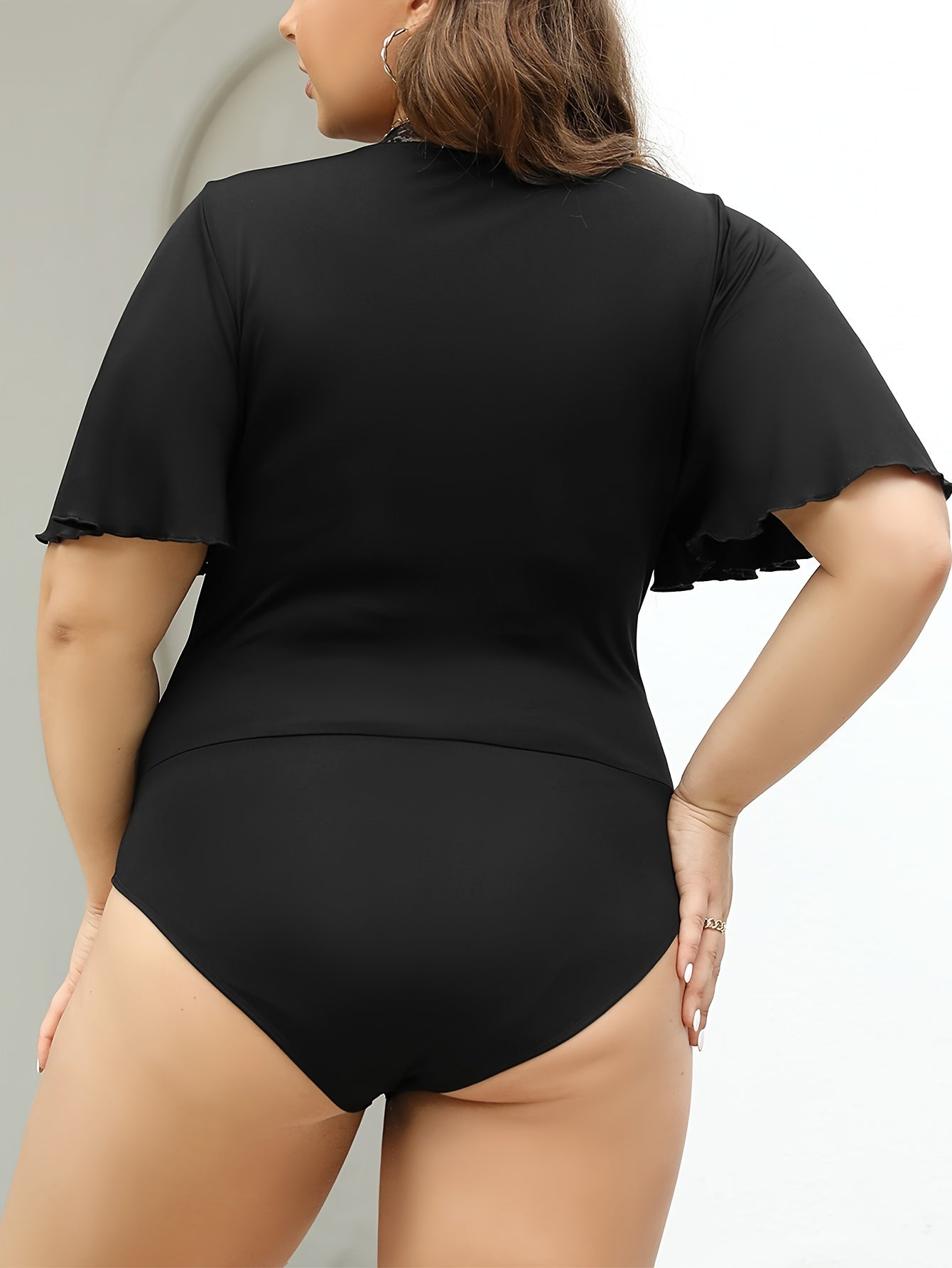 Plus Size Lace Stitching Bodysuit Short Sleeve V Neck Ruched Women's Clothing