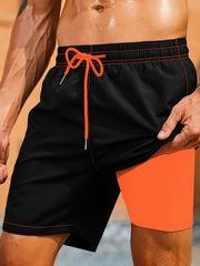Erkaklar uchun qora plyaj shortiklari neon yashil aksentlar bilan, elastik bel, polyester/spandeks aralashmasi. Mashinada yuvish mumkin, katta o'lcham.