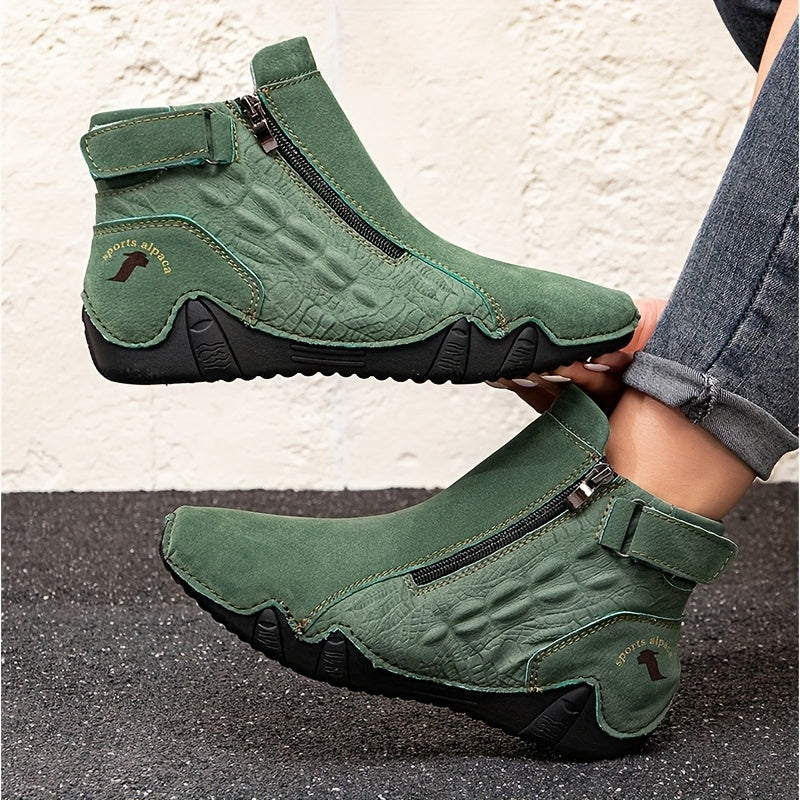 Women's Slip-On Zipper Boots All-Season Outdoor Casual Ankle Shoes Non-Slip Rubber Sole
