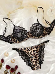 Leopard Print Lingerie Set with Floral Lace and Purple Underwear