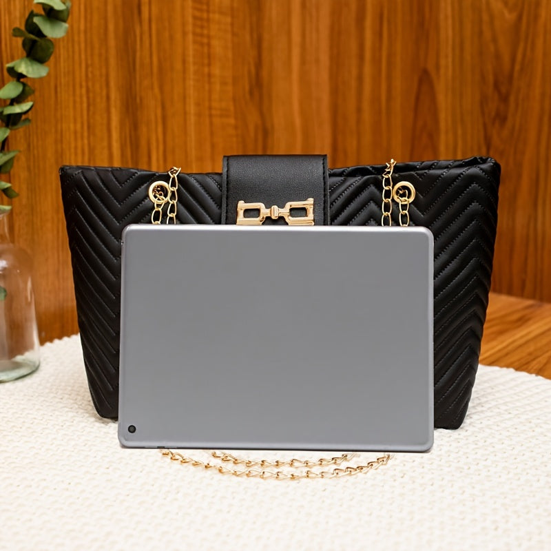 Retro Tote Bag for Women with Magnetic Closure Chevron Pattern Crossbody Shoulder Bag in Black White Light Brown