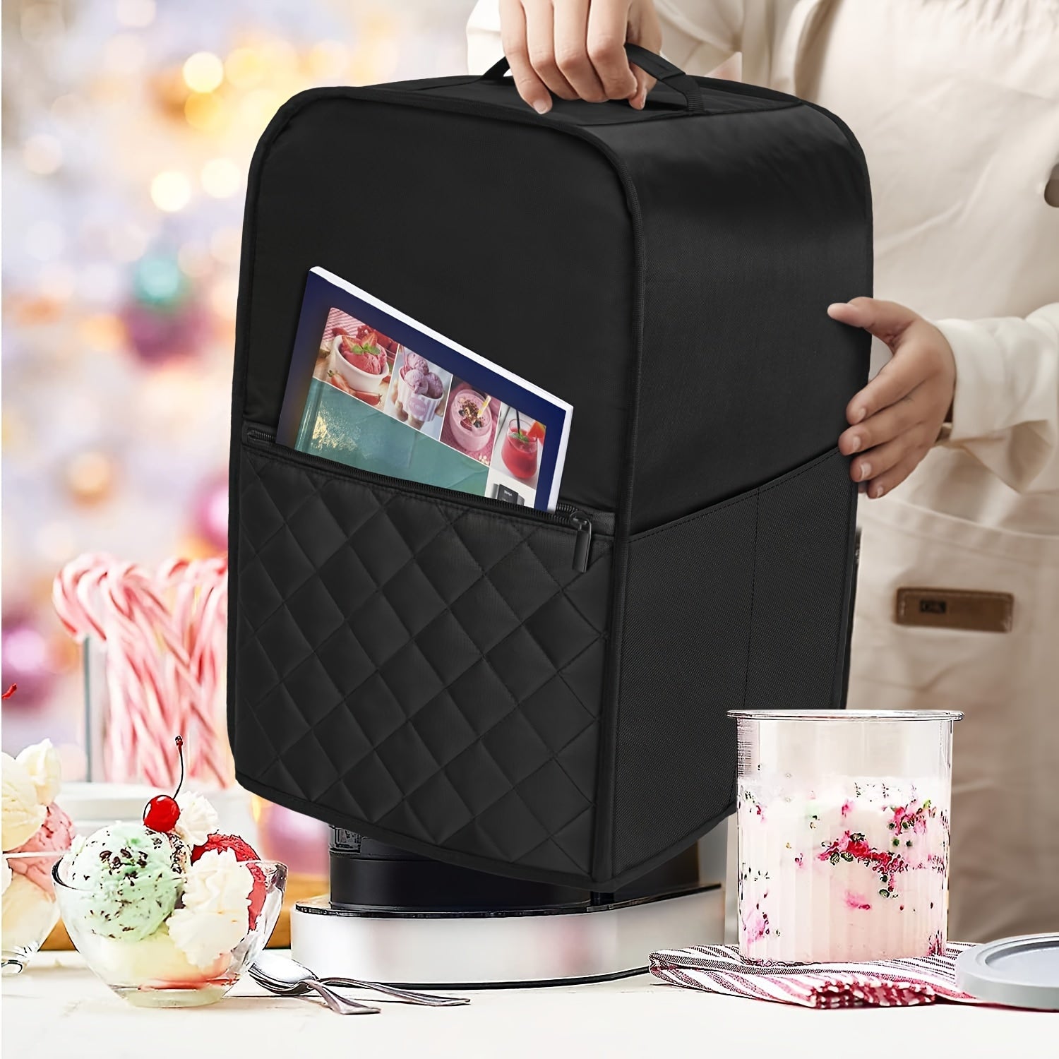 Black Quilted Dust Cover for Ice Cream Maker with Accessory Pockets