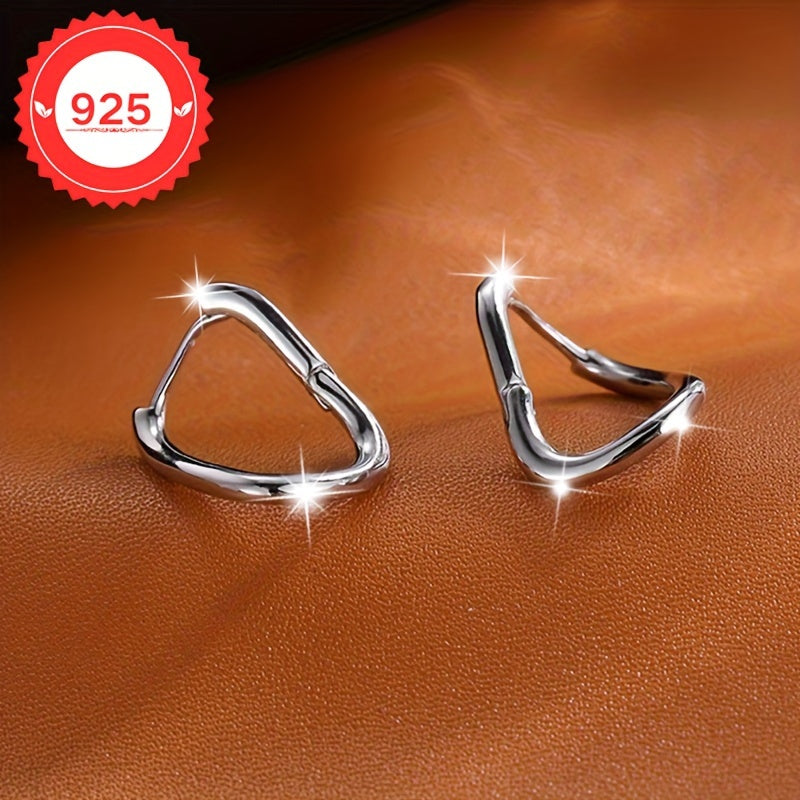 Sterling Silver Square Geometric Hoop Earrings Minimalist Irregular Style for Women