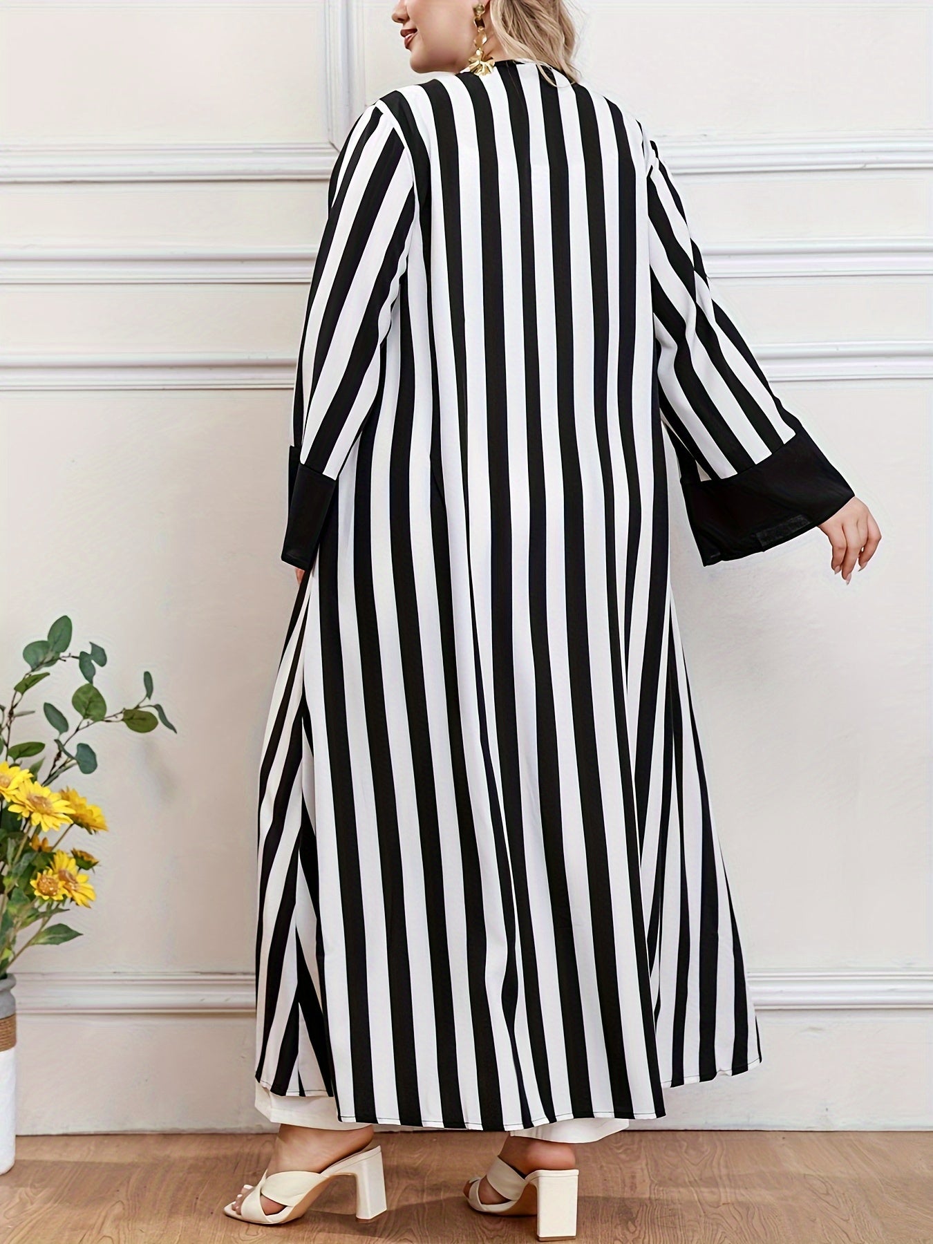 Plus Size Stripe Pattern Kaftan Coverup Long Sleeve Open Front Womens Clothing