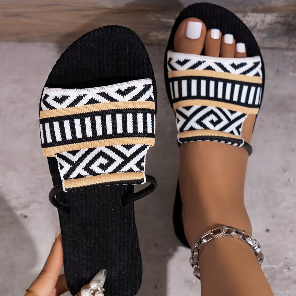 Women's Bohemian Fabric Slides Open Toe Slip-On Flat Sandals