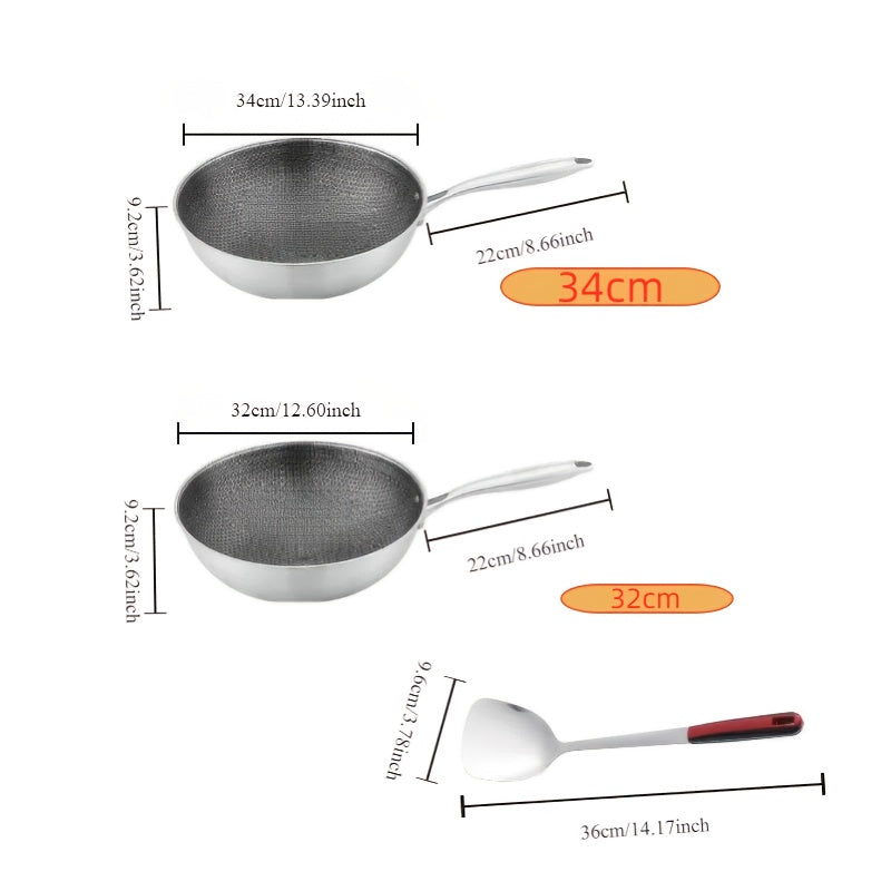 Honeycomb Non-Stick Uncoated Wok, zanglamas po'latdan yasalgan oshpaz tutqichi bilan, chizishdan himoyalangan, gaz va induksion plitalar uchun mos, faqat qo'l bilan yuvish uchun mo'ljallangan qozon.