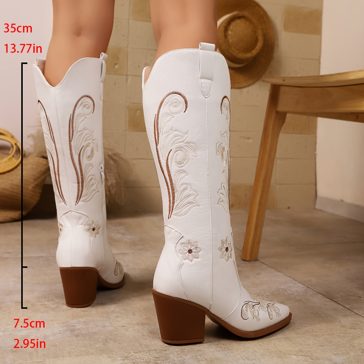 Women's White Western Cowboy Boots with Floral Embroidery and Block Heel