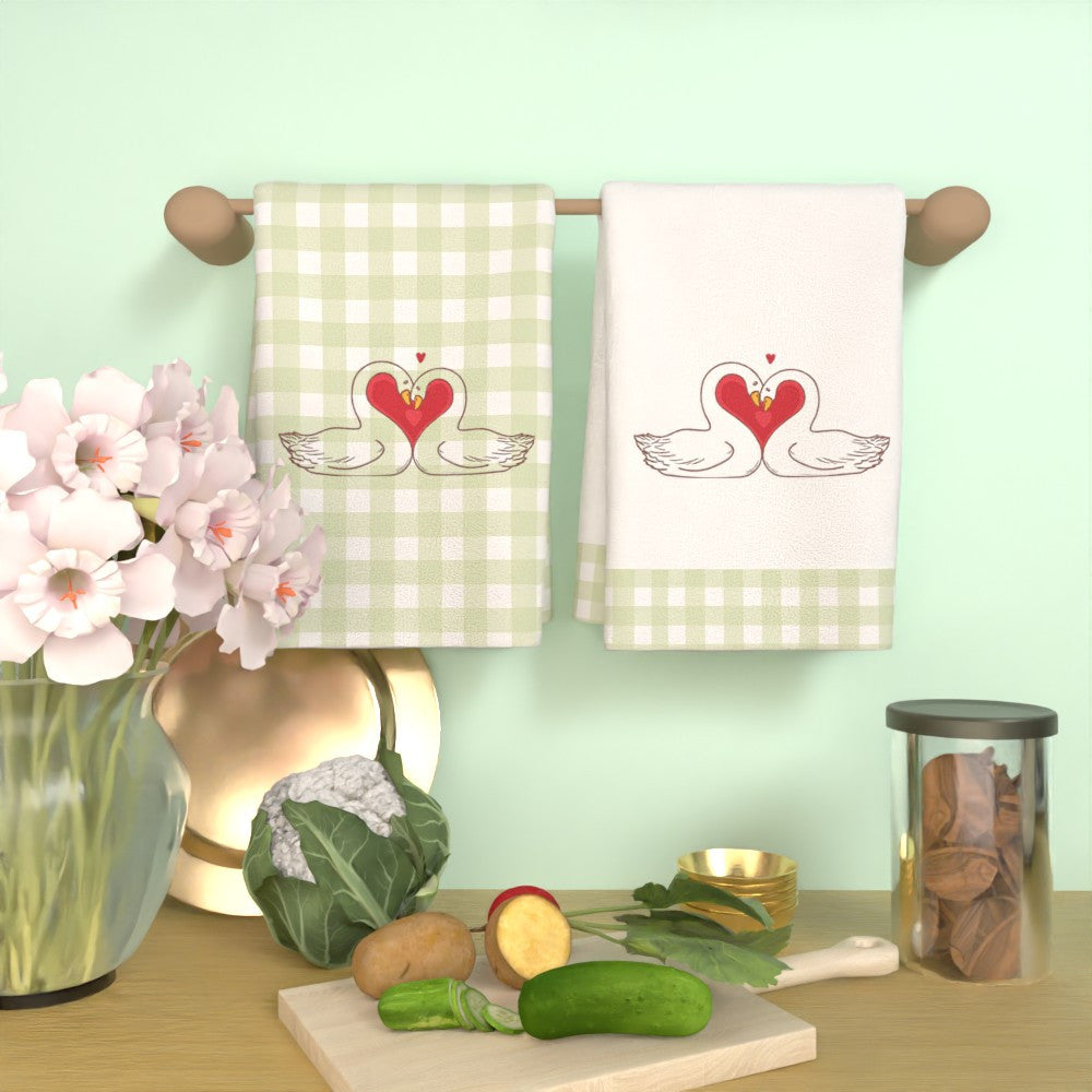 Valentine's Day Kitchen Towels Set 2 Pieces Heart Swans Design Quick-Dry Polyester