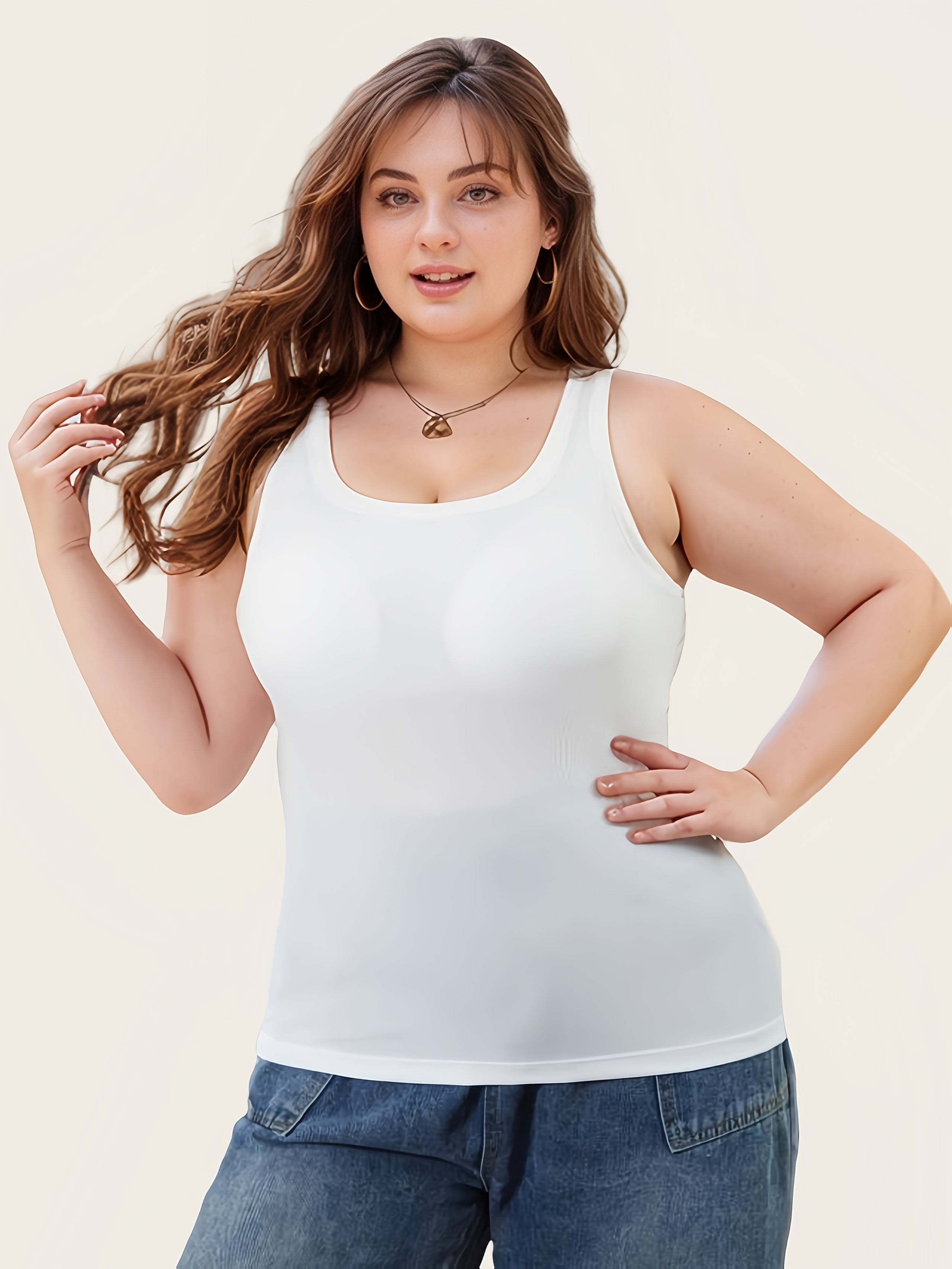 Women's Plus Size 2-in-1 Ribbed Tank Tops Built-in Bra Seamless Support