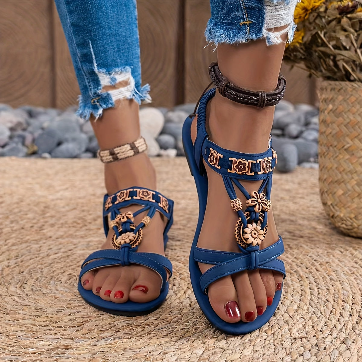 Women's Bohemian Beaded Flower Flat Sandals, Breathable, Multi-Color