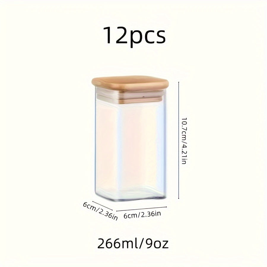12 Pack Square Glass Spice Jars with Bamboo Lids Airtight Reusable Kitchen Storage