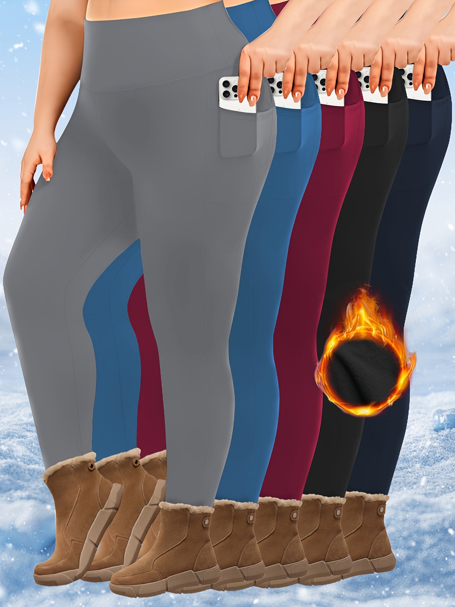 Plus Size Women's Fleece-Lined Leggings with Pockets Thermal Yoga Pants