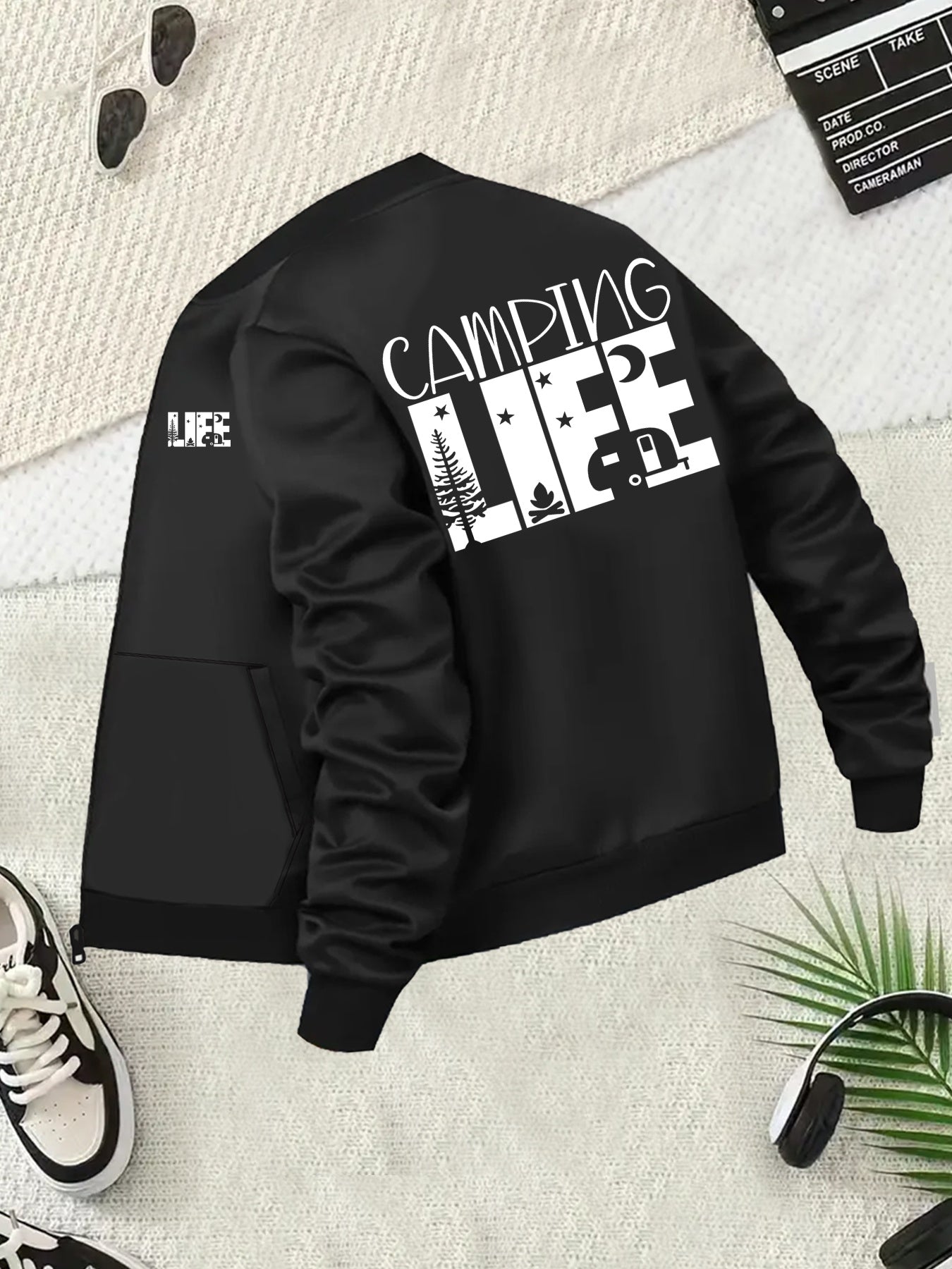 Women's Oversized Black Jacket with Camping Print All-Season Casual Coat