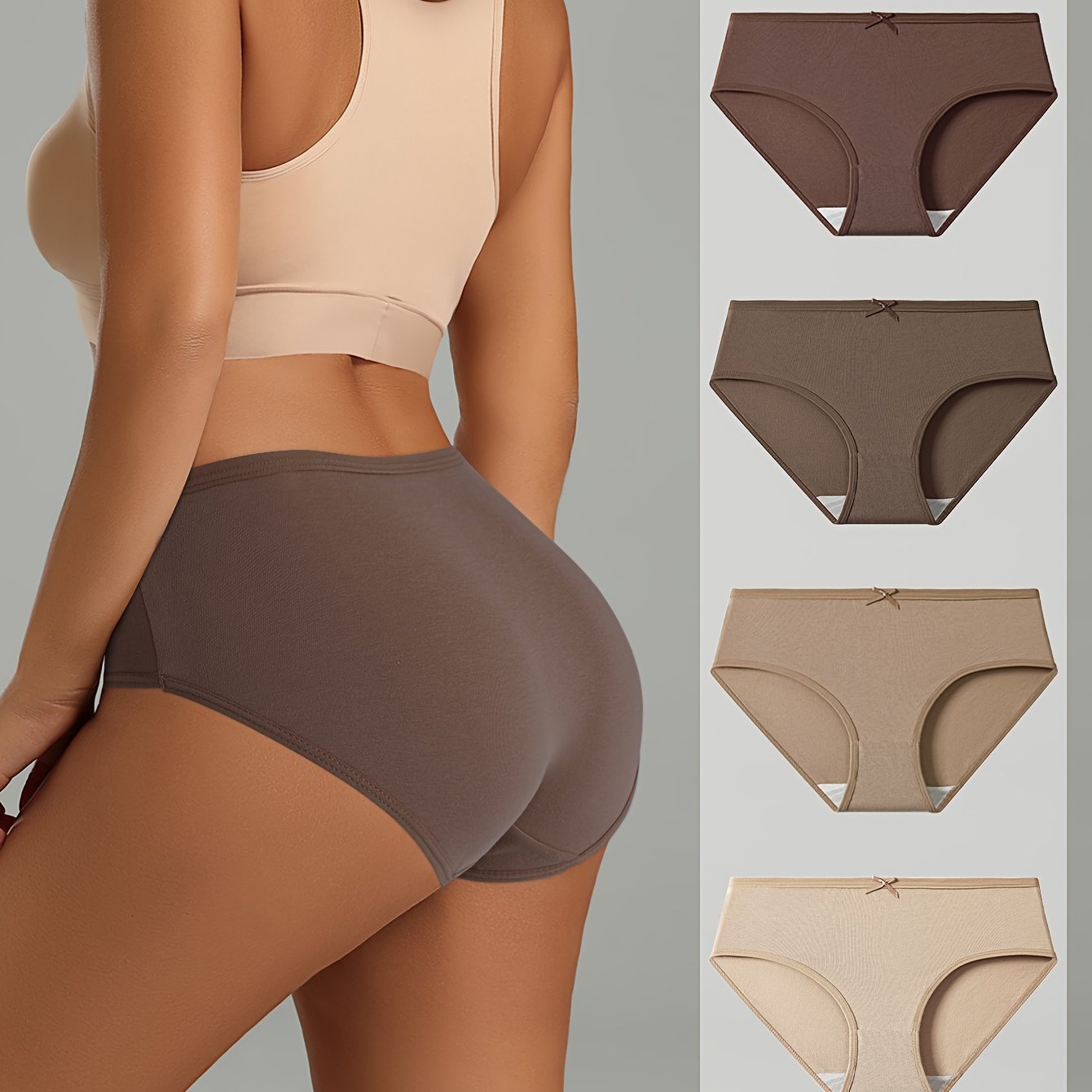 Women's Cotton Briefs Set 4 Pieces Breathable Non-See-Through Bow Detail Nude Beige Brown