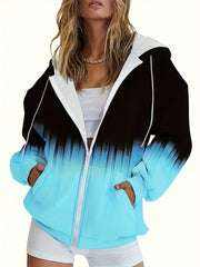 Women’s Plus Size Color Block Zip Hoodie With Kangaroo Pocket
