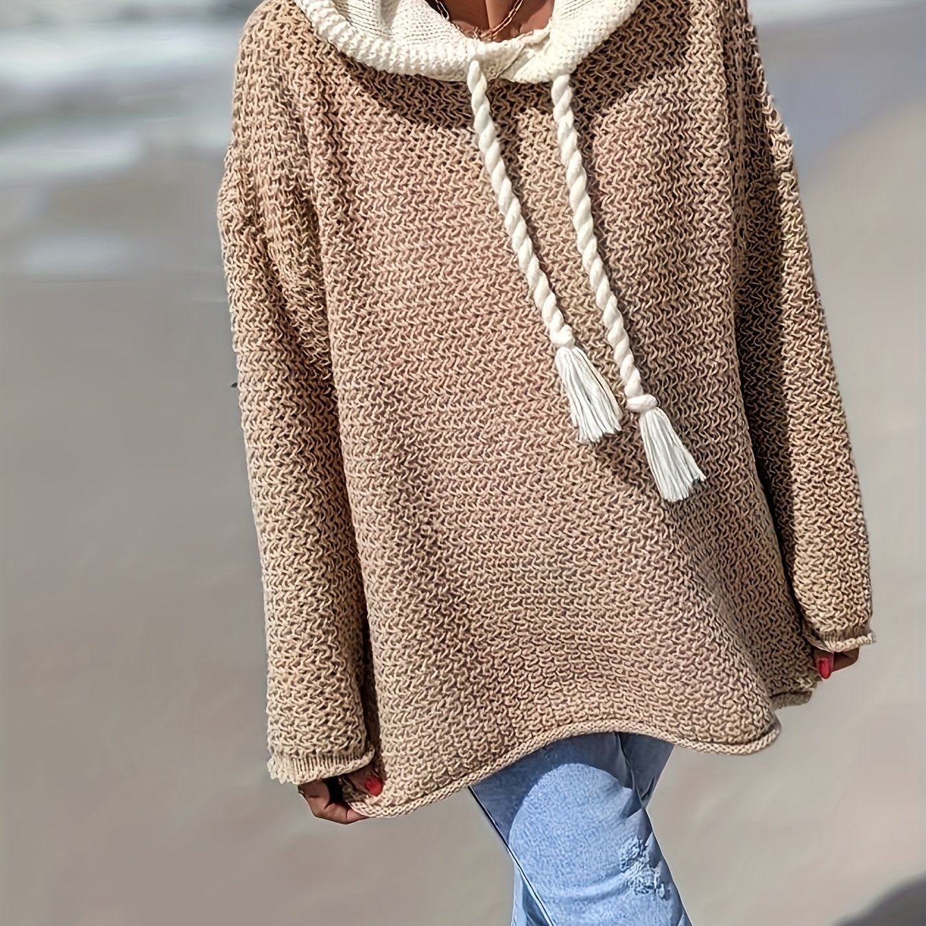 Plus Size Women's Beige Hooded Sweater with Tassel Detail Long Sleeve Pullover for Fall Winter