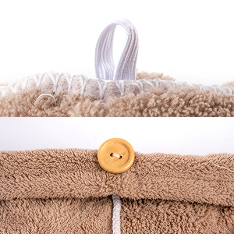 Microfiber Hair Towel with Button for Curly Hair Fast-Drying Anti-Frizz in Grey Camel Brown