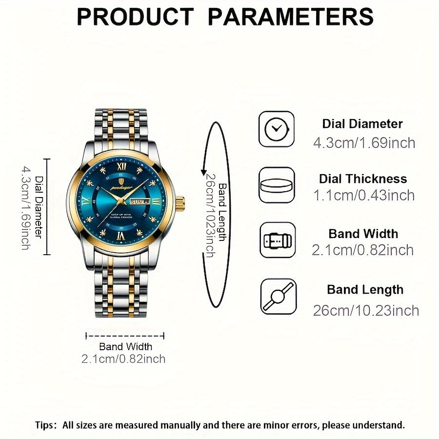 Unisex Quartz Watch with Stainless Steel Strap and Blue Luminous Dial