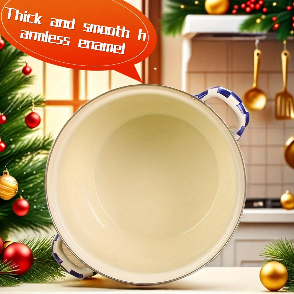 Enamel Saucepan with Lid Blue and White Checker Pattern 8.66-Inch Large Capacity Soup Pot