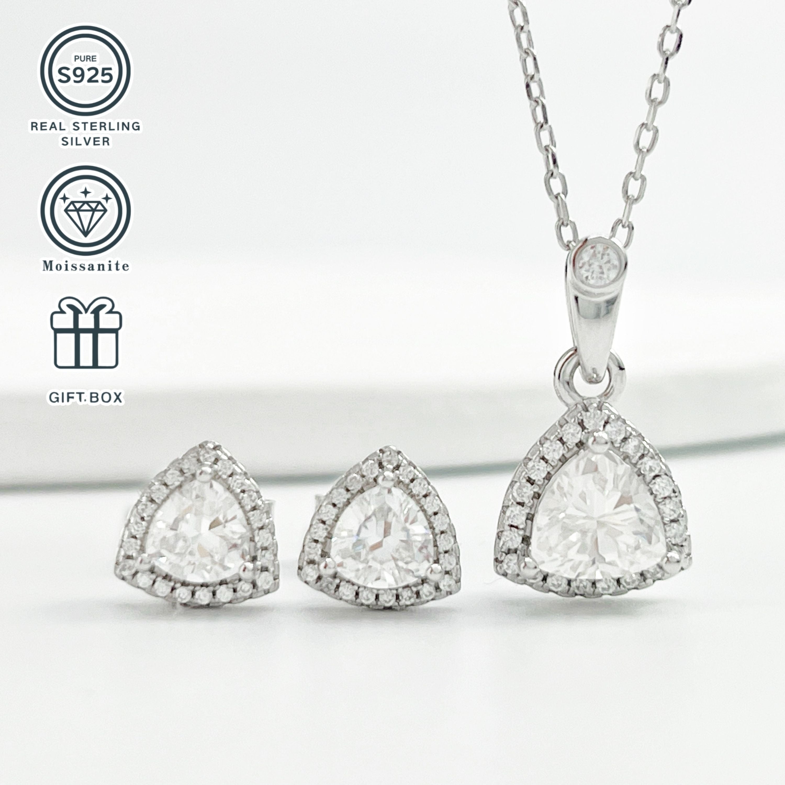 S925 Silver Moissanite Jewelry Set Necklace and Earrings 1.0CT and 0.5CT Gift