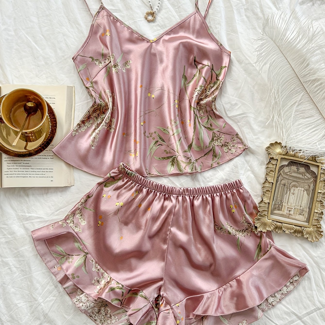 Conjunto de pijama de satén con estampado de cerezas para mujer, talla grande, camisón y pantalones cortos