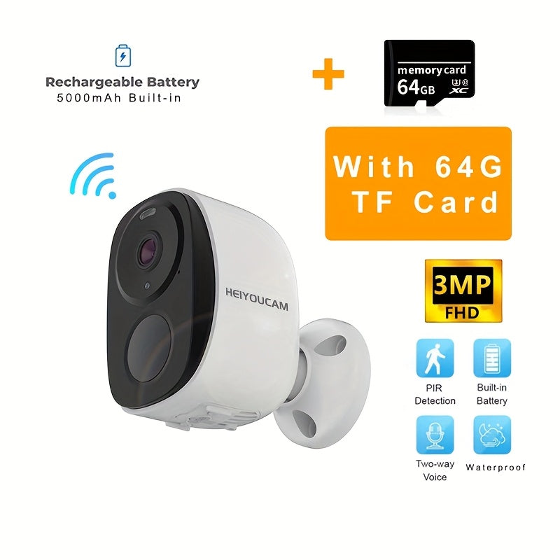 HEIYOUCAM Tashqi simsiz batareya xavfsizlik kamerasi, 3MP video rezolyutsiya, 5000mAh batareya, AI harakatni aniqlash, rangli tungi ko‘rish, WiFi, ikki tomonlama audio va oylik to‘lovsiz - Oq.