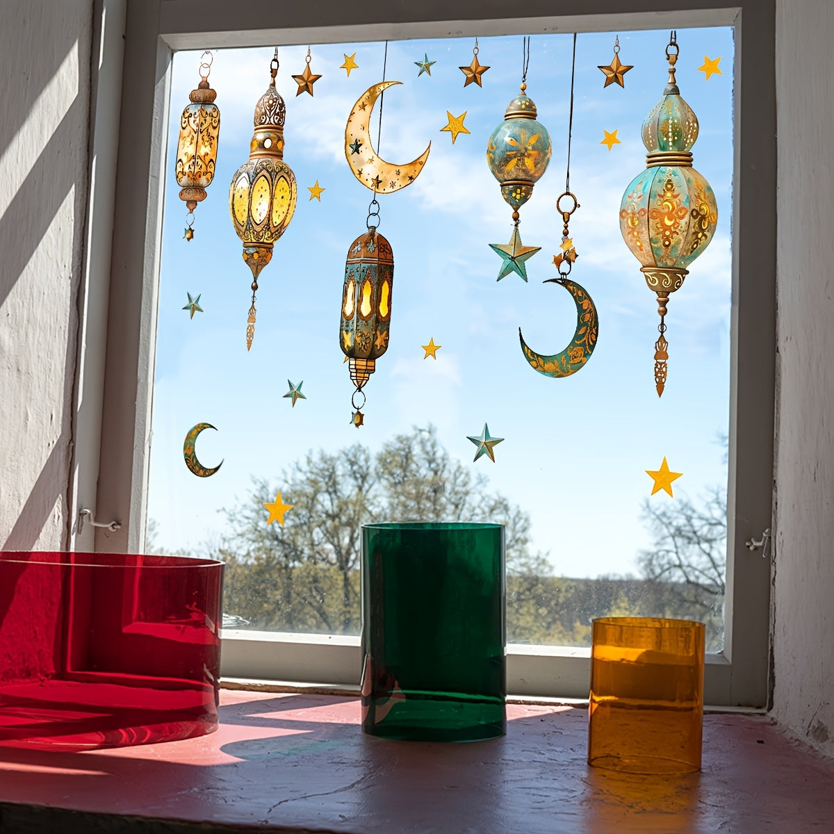 Ramazon bayrami uchun ikki tomonlama oy va yulduzlar dekori - 30.48 sm x 60.96 sm - Yotoqxona, Oila xonasi va Balkon bezatish uchun qayta ishlatiladigan PVC statik yopishqoq - Lanternlar, Shisha uchun ideal, D16013-YJ