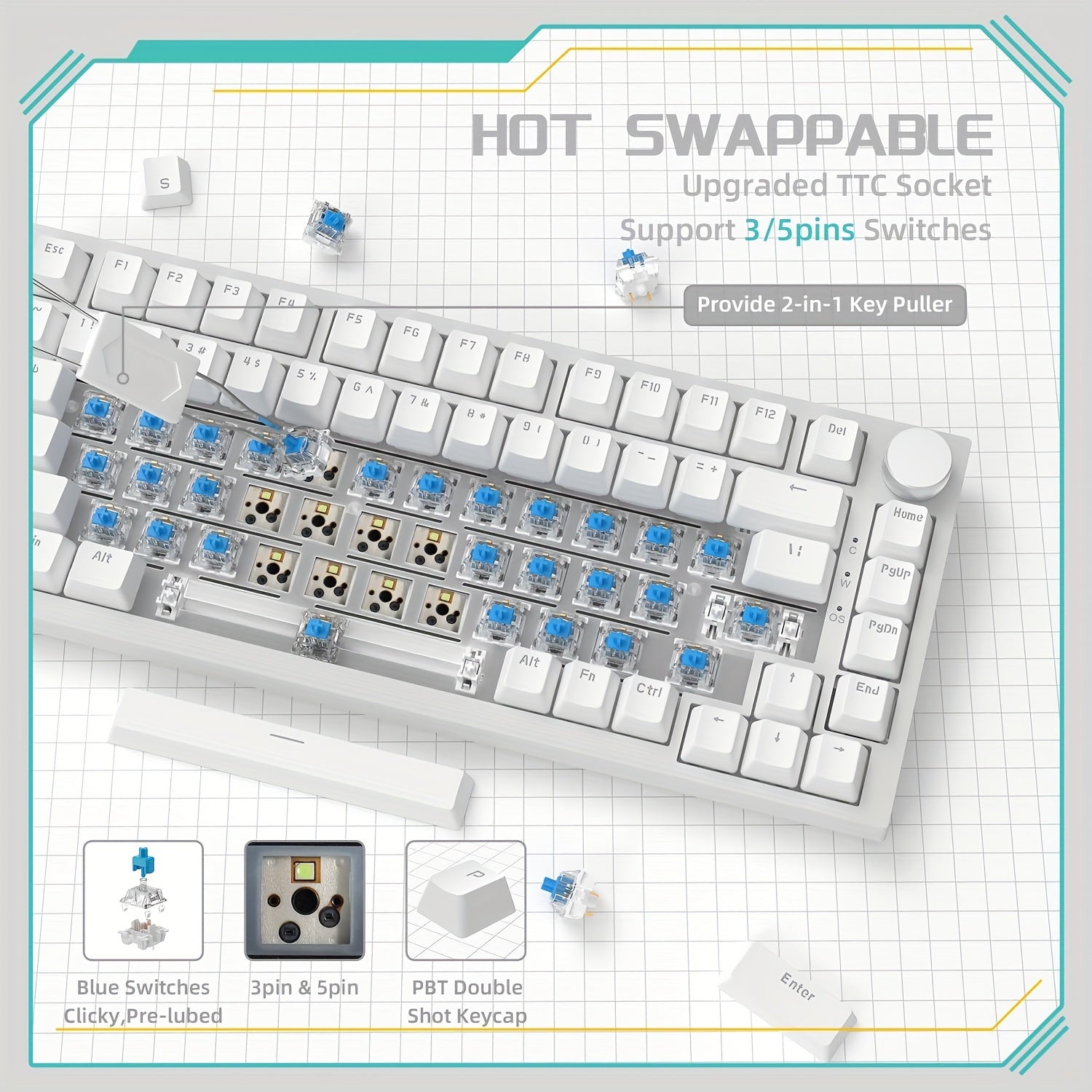 75% Wired Mechanical Gaming Keyboard with Knob and Hot-Swappable Sockets