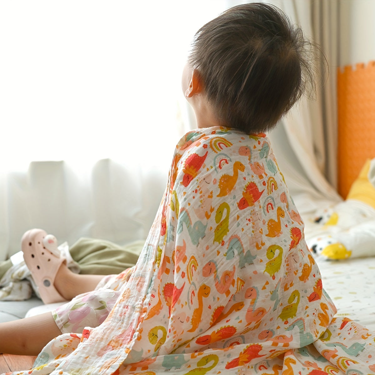 Baby Bamboo Cotton Muslin Gauze Dinosaur Blanket 119x109cm Soft Absorbent