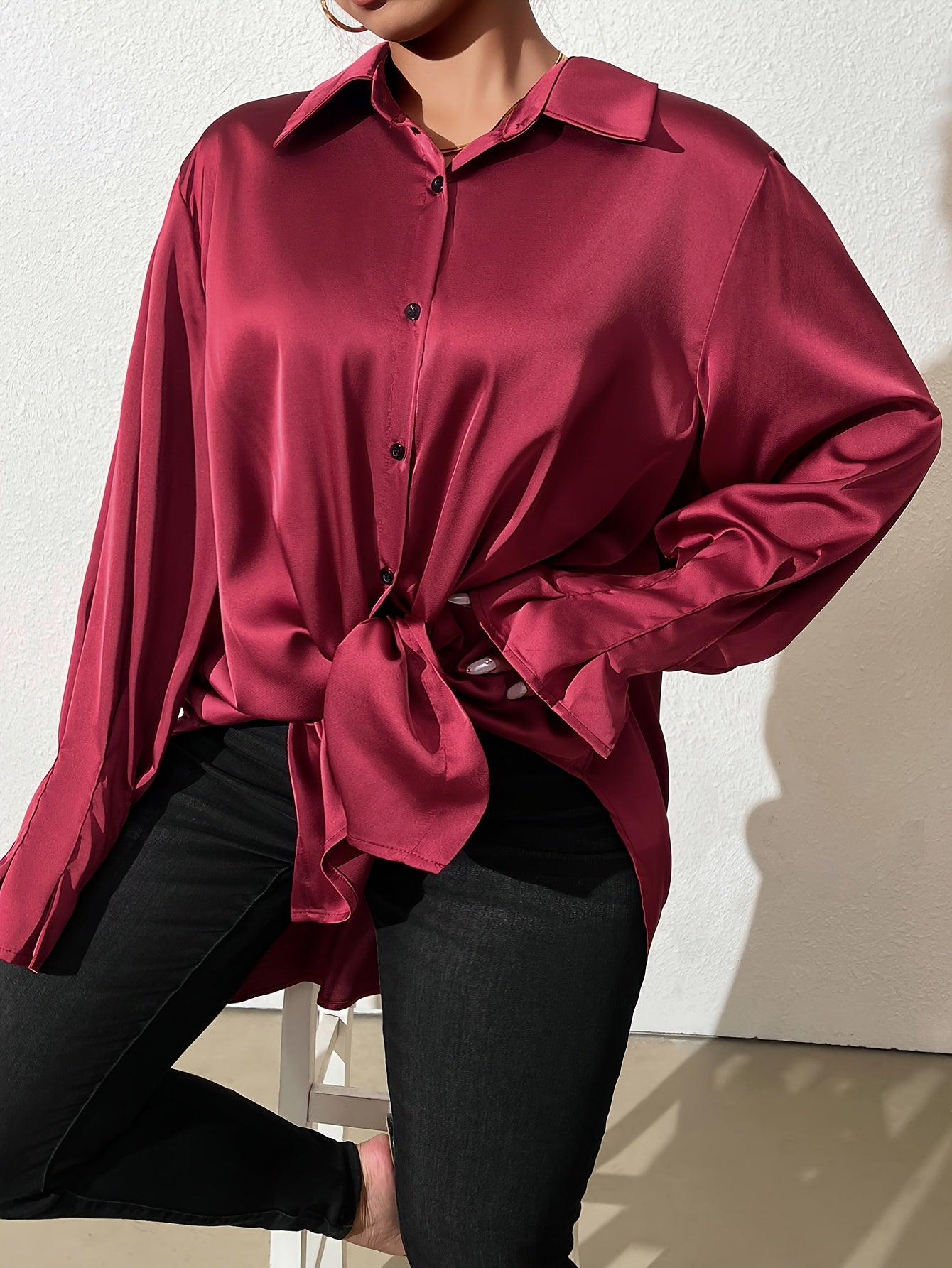 Women Black Long Sleeve Shirt Solid Color Office Blouse Versatile