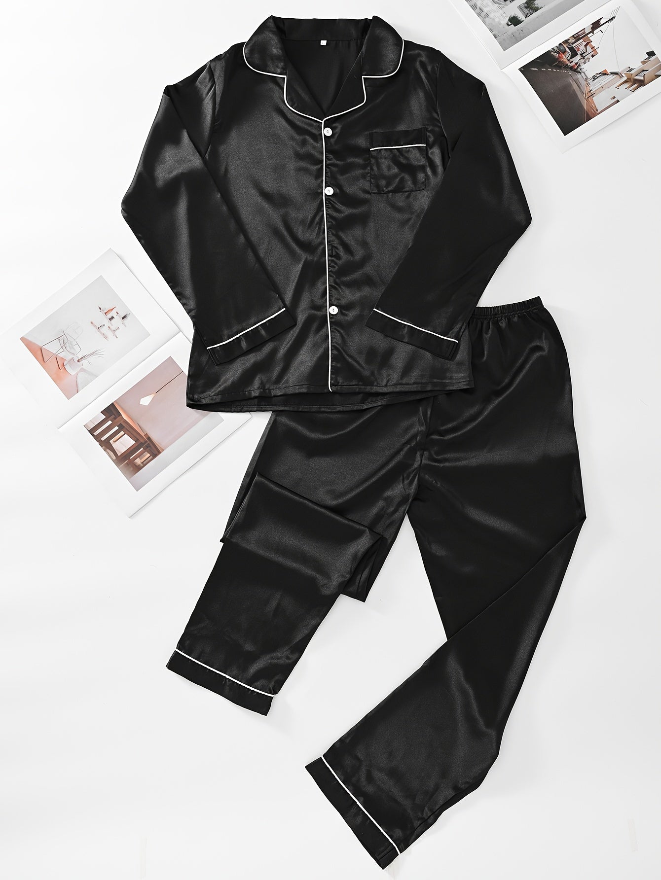 Conjunto de pijama de satén de manga larga para hombre con patrón de giro de color sólido para dormir y descansar